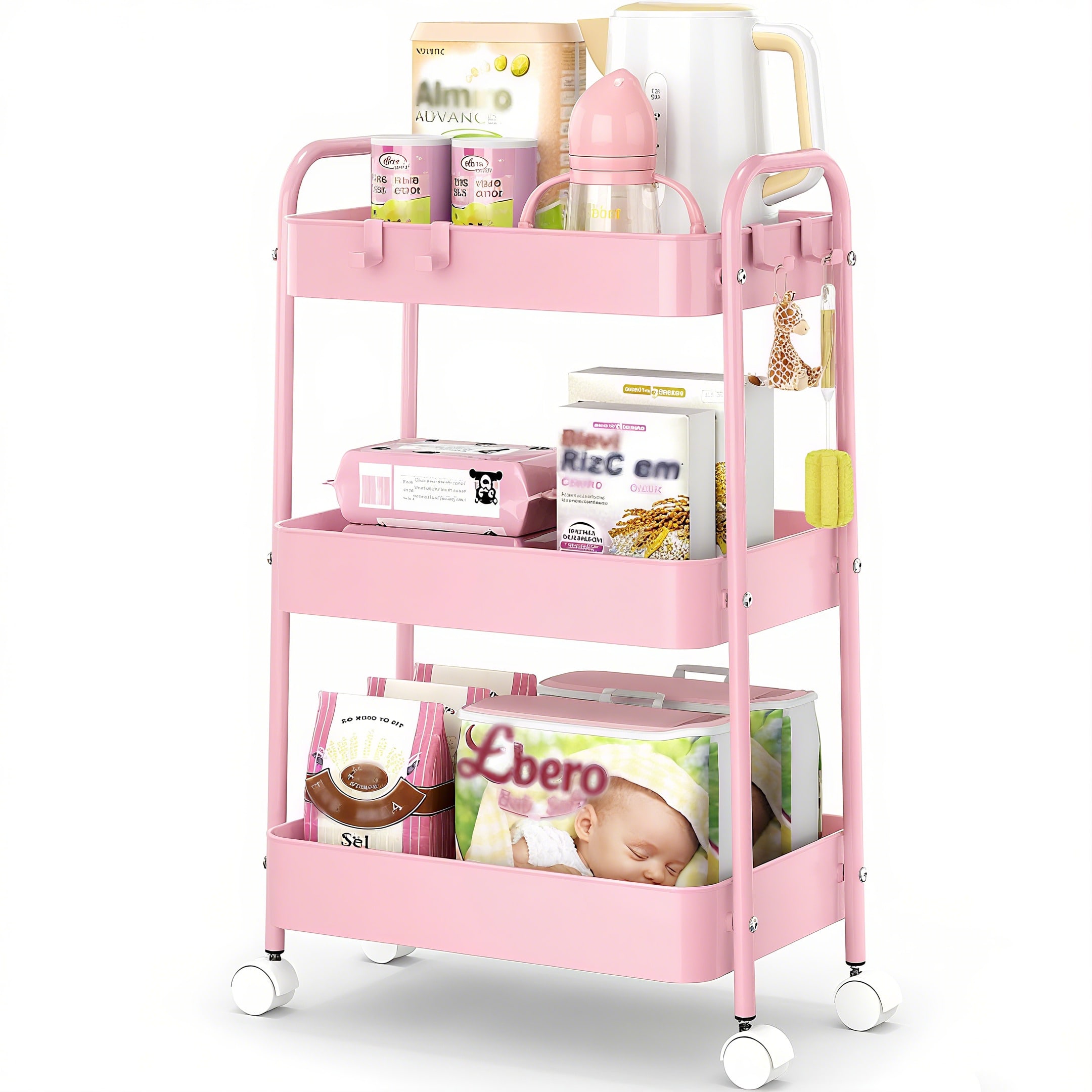 Baby Nursery Pink - 3-poziomowy metalowy wózek na kółkach, nowoczesny