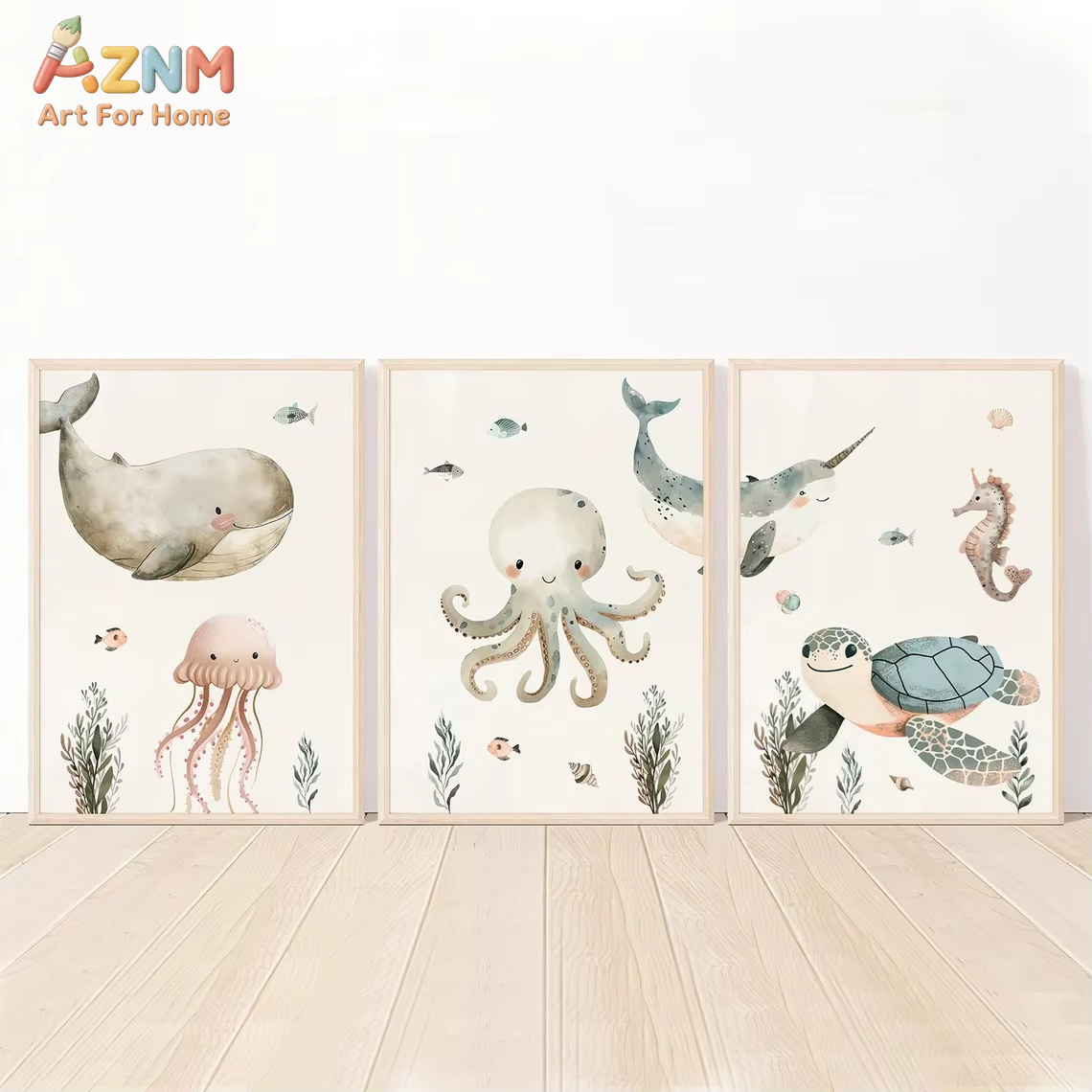 Baby Nursery Prints - AZNM Akwarelowe Urocze Zwierzęta Oceaniczne na