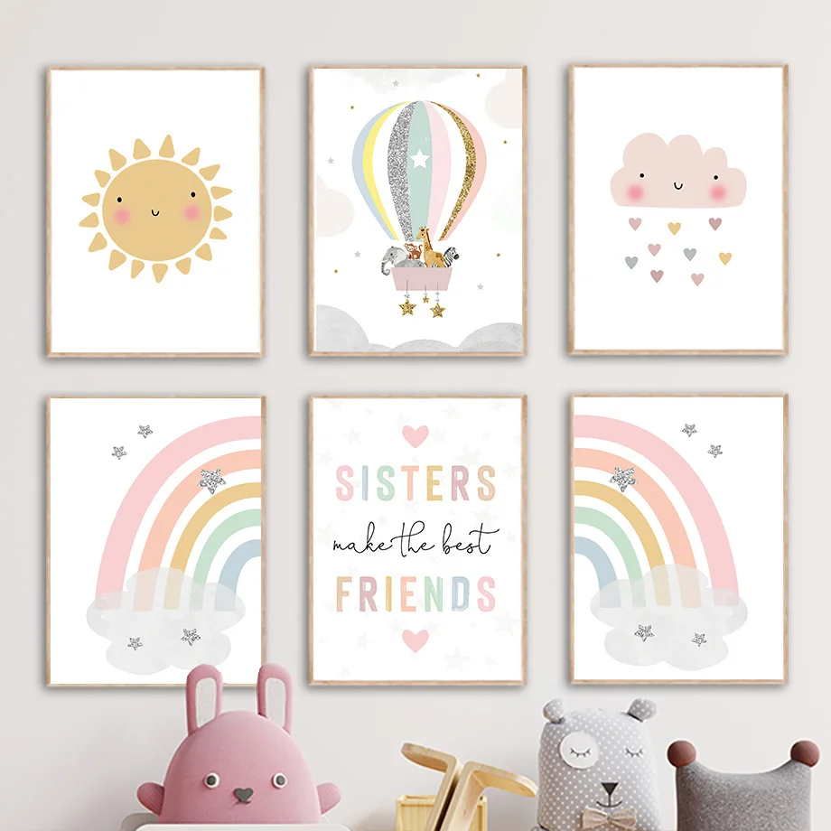 Baby Nursery Prints - Żyrafa Słoń Balon Słońce Tęcza Plakaty