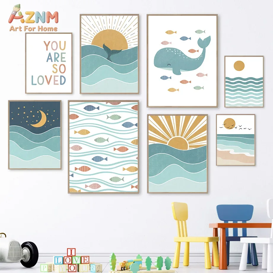 Baby Nursery Neutral - AZNM Boho Ocean Canvas Wall Art