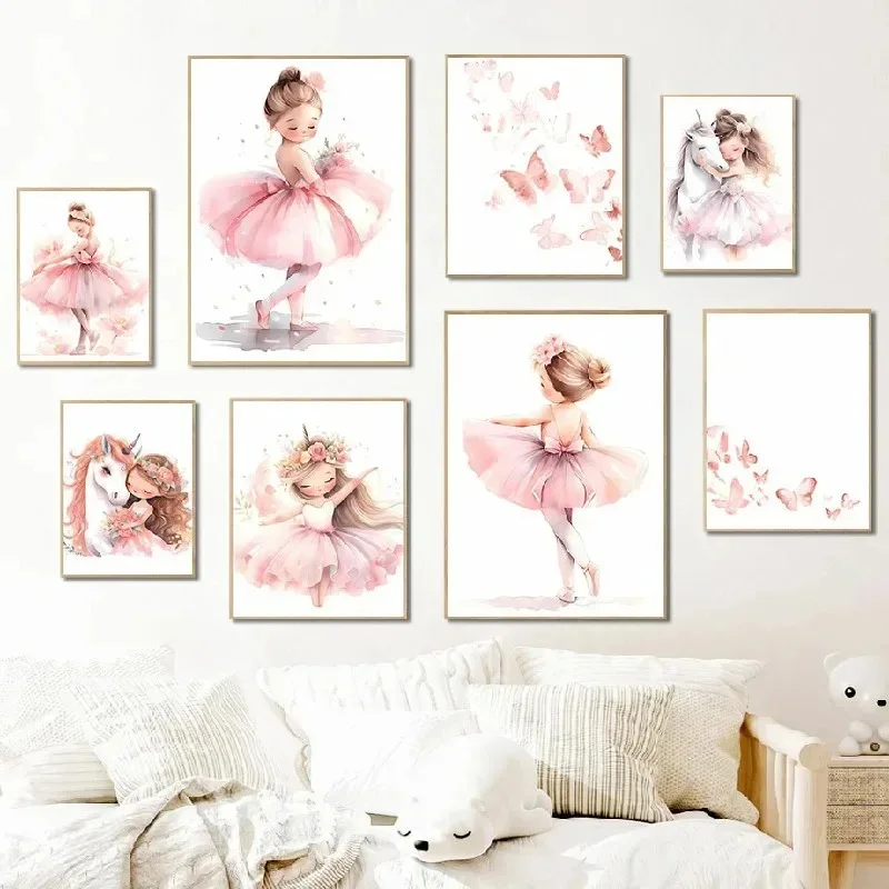 Baby Nursery Pink - Różowy Plakat z Baletniczką, Jednorożcem i