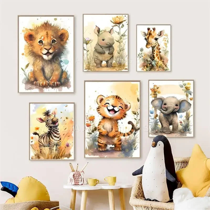 Baby Nursery Posters - Akwarela Lew Żyrafa Tygrys Słoń Zebra