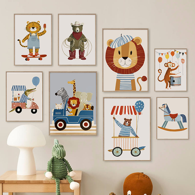 Baby Nursery Prints - Zabawne Kreskówkowe Zwierzęta Samochód Balon Sztuka
