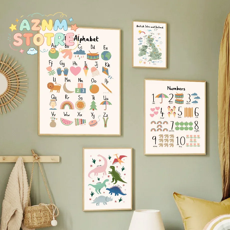 Baby Nursery Prints - Mapa świata zwierząt, dinozaury, alfabet, cyfry