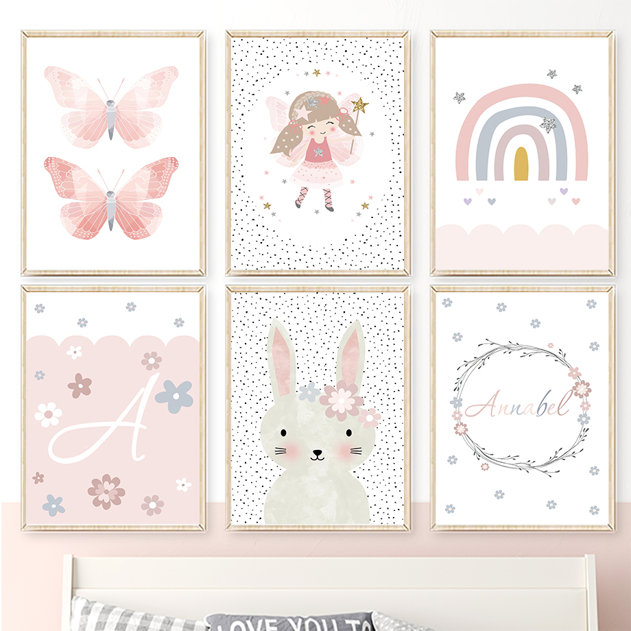 Baby Nursery Prints - Urocza Dziewczynka Królik Kwiat Motyl Tęcza
