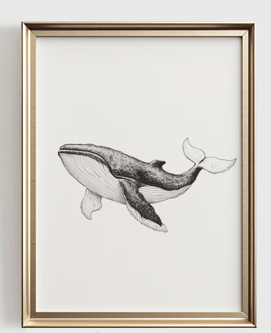 Baby Nursery Neutral - Druk graficzny z motywem wielorybów, minimalistyczny