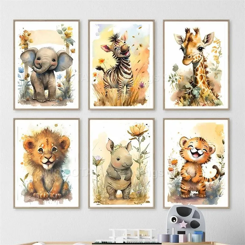 Akwarela Lew Żyrafa Tygrys Sło – Baby Nursery Posters recenzja i cena