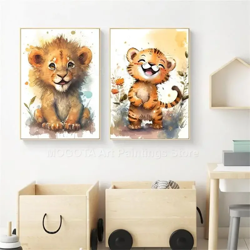 Akwarela Lew Żyrafa Tygrys Sło – Baby Nursery Posters recenzja i cena